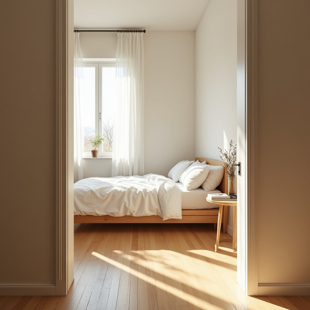 Minimalistyczna sypialnia z czystymi liniami i naturalnym drewnem